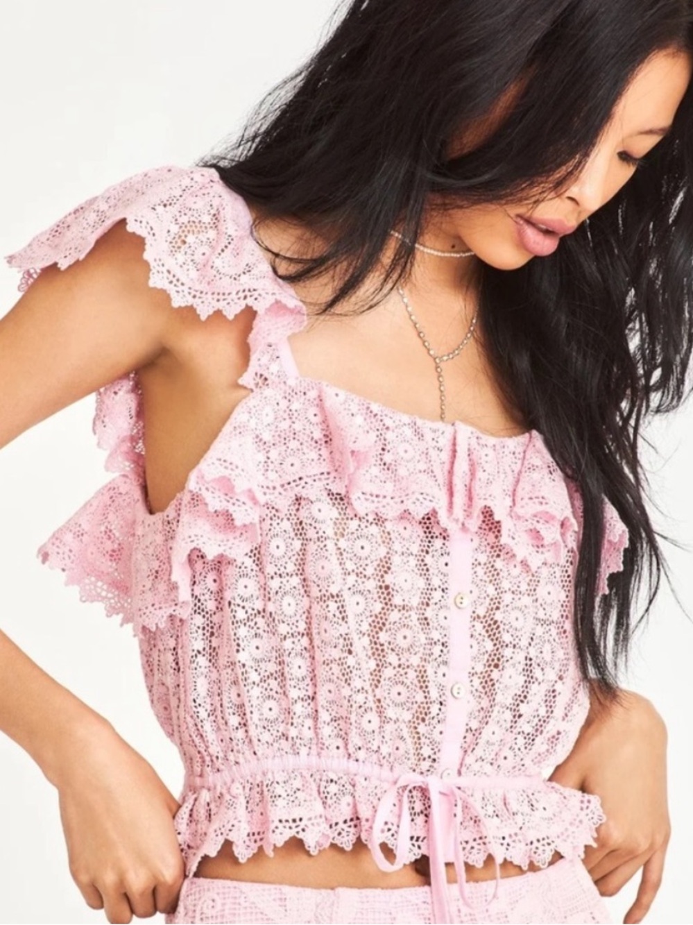 LoveShackFancy Pink Lace Ruffle Crop Top - Picture 3 of 10